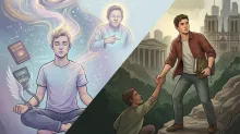 Uma cena dividida: de uma lado dois homens medidanto, presos por correntes a livros de autoajuda; do outro um cristão com uma bíblia ajudando uma pessoa caída a se levantar.