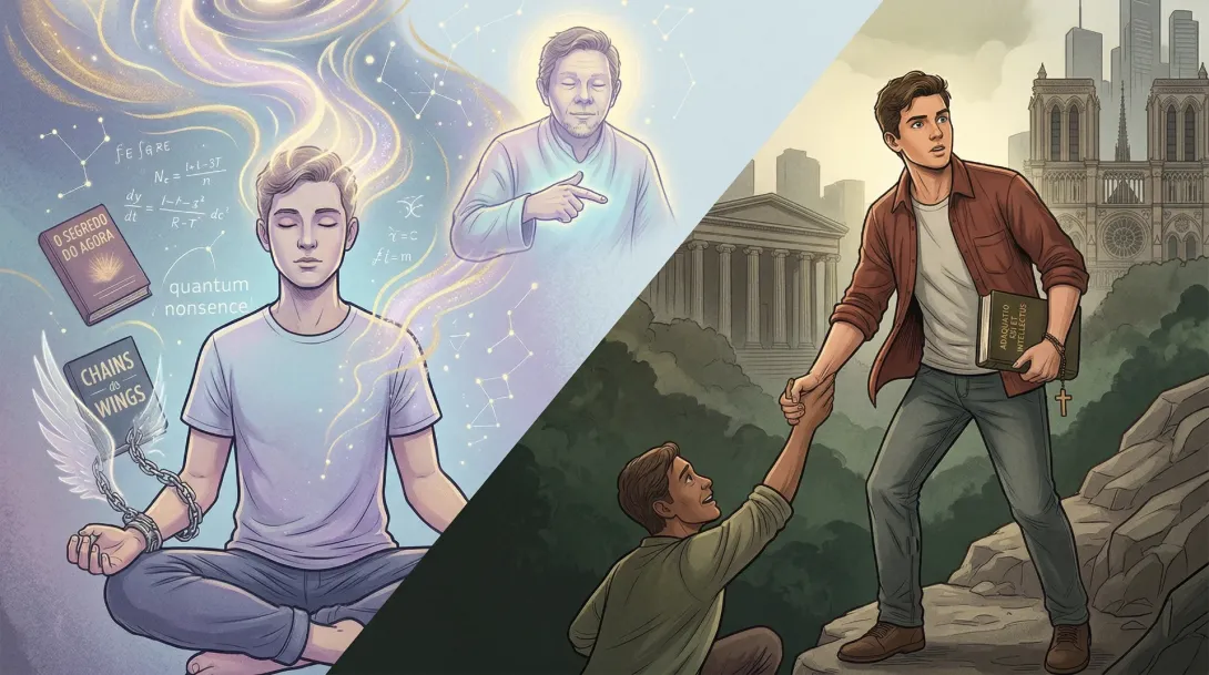 Uma cena dividida: de uma lado dois homens medidanto, presos por correntes a livros de autoajuda; do outro um cristão com uma bíblia ajudando uma pessoa caída a se levantar.