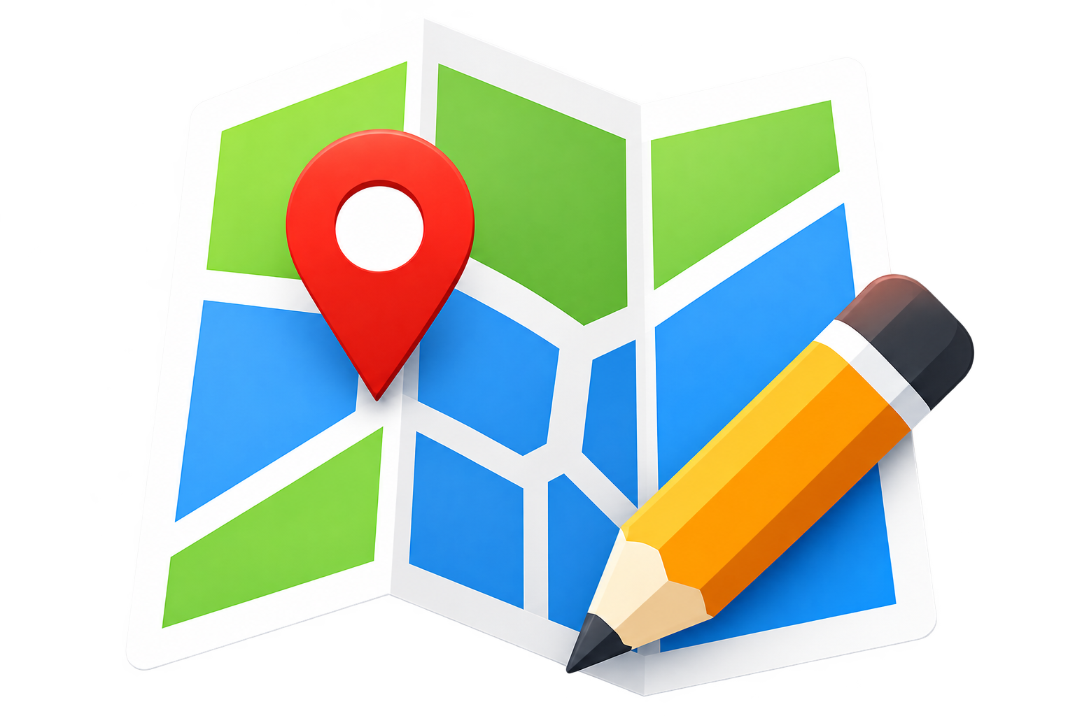 Logotipo do MapEditor: um mapa dobrado, um marcador e um lápis